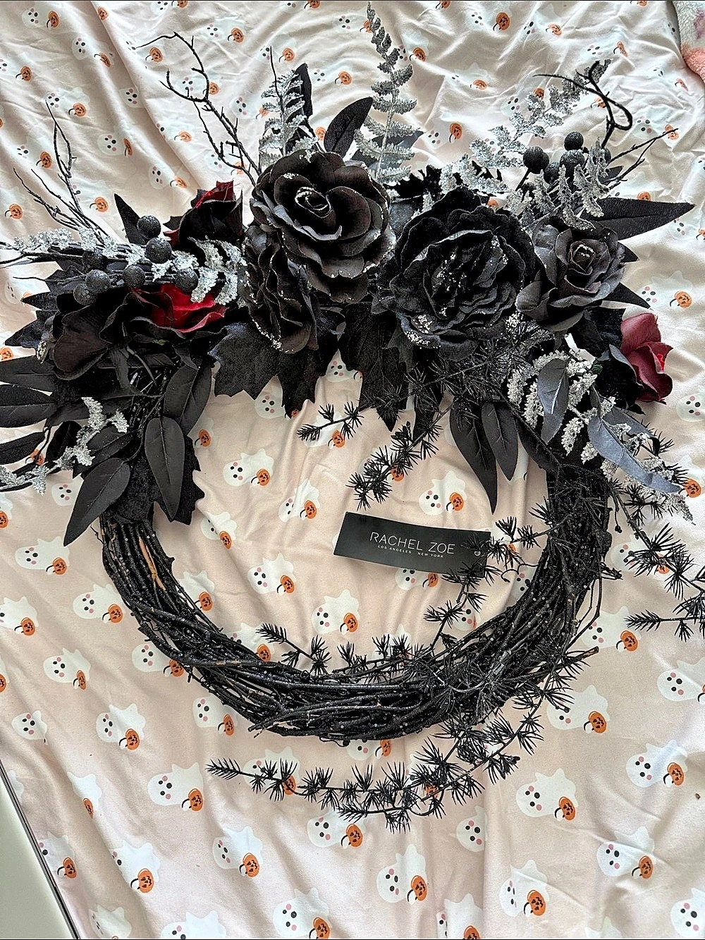 Rachel Zoe Black & Red Floral Halloween Wreath NWT